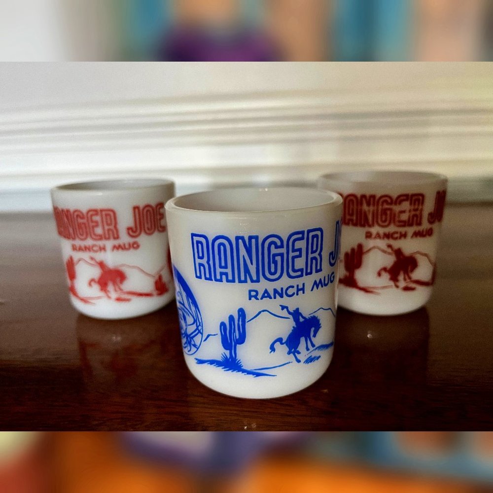 3 Vintage 1950s Hazel Atlas Ranger Joe Kids Platonite Glass Mug Cup 2 Red 1 Blue
